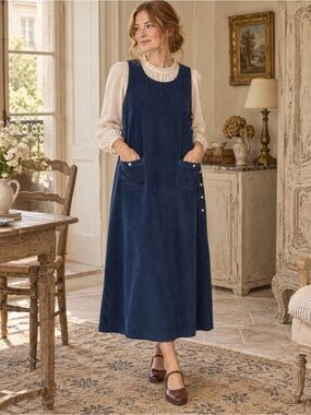 Vintage Talbots Blue Corduroy Jumper Dress Size 10 Cottagecore Pinafore Midi